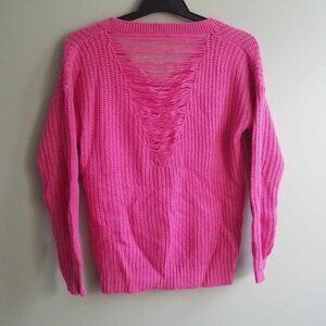 Distressed BARBIECORE Sweater, Pink, "Sleek" Brand, V-Neck, Fringe, Knit Winter!